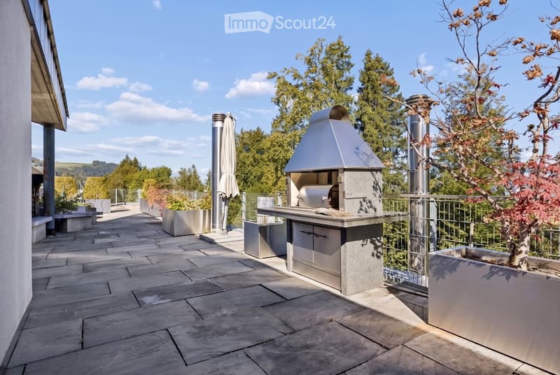 Modern outdoor patio with a built-in barbecue, stone flooring, metal railings, and potted plants.