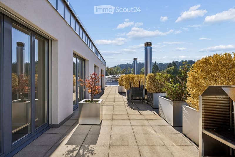 Modern balcony with tiled floor, potted plants, and a clear view of the surrounding landscape.