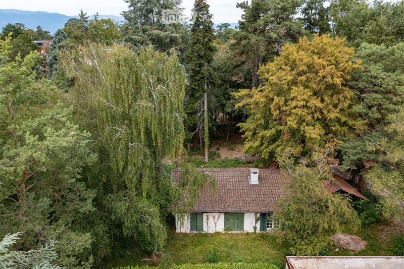A small, white house with green shutters and a tiled roof, surrounded by tall trees and greenery in a serene, elevated setting.