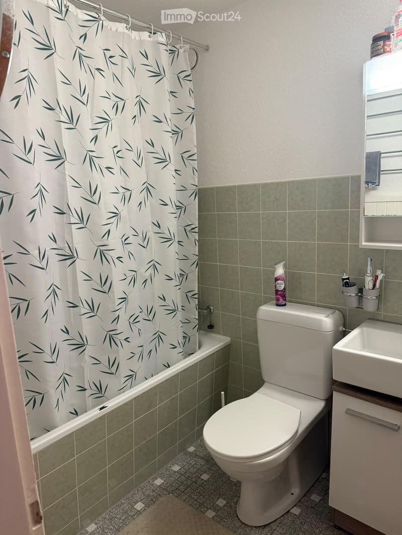 Bathroom with a white toilet, bathtub with a leafy green shower curtain, a sink, and a toothbrush holder on the wall.
