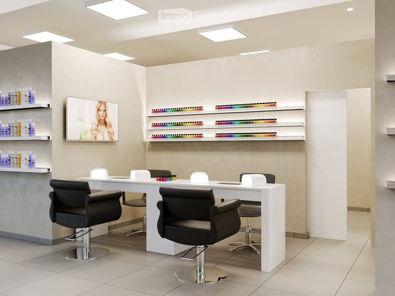 Modern salon with white table, black chairs, shelves with nail polish, and a TV screen.