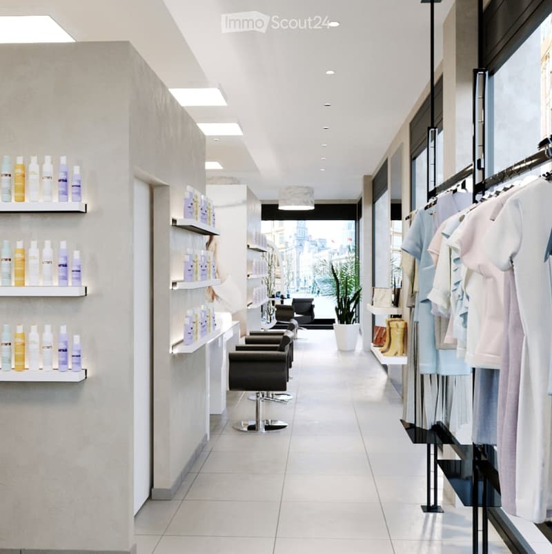 Modern, well-lit salon with white tiled floors, sleek black chairs, shelves with hair products, and a clothing rack with robes.