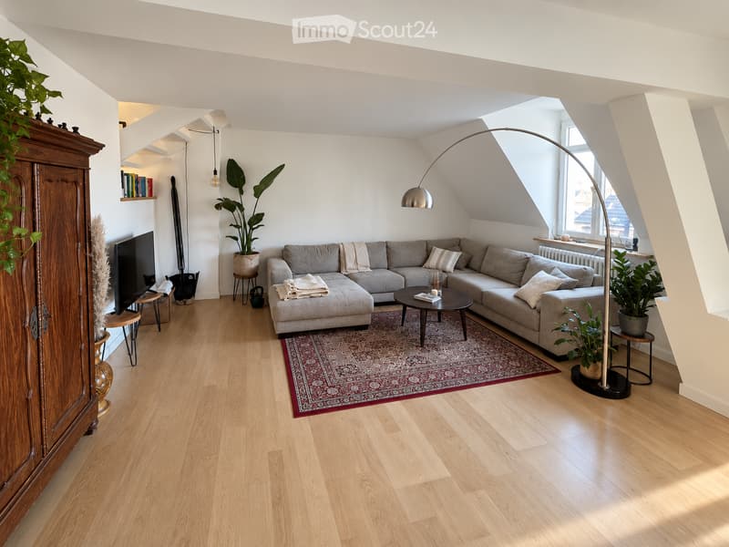 Modern living room with light wooden flooring, a grey sectional sofa, a coffee table, a floor lamp, a television, and decorative plants.