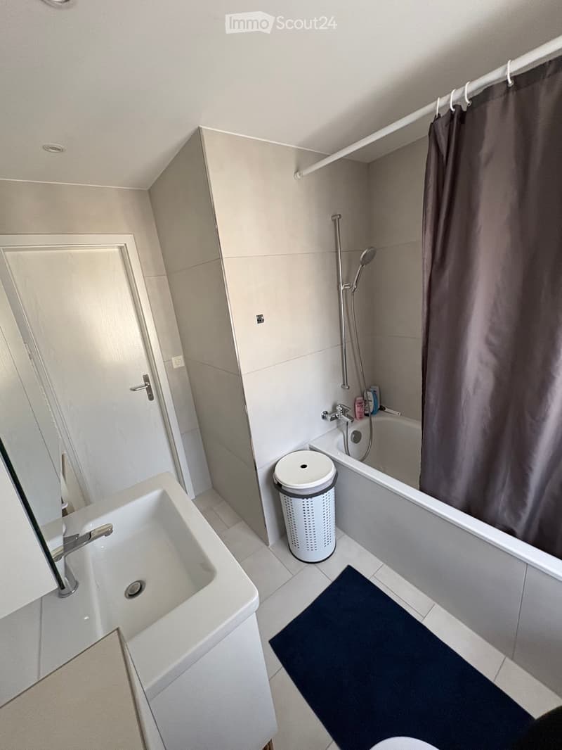 Modern bathroom with a white sink, bathtub, showerhead, and a dark blue bath mat on the floor.