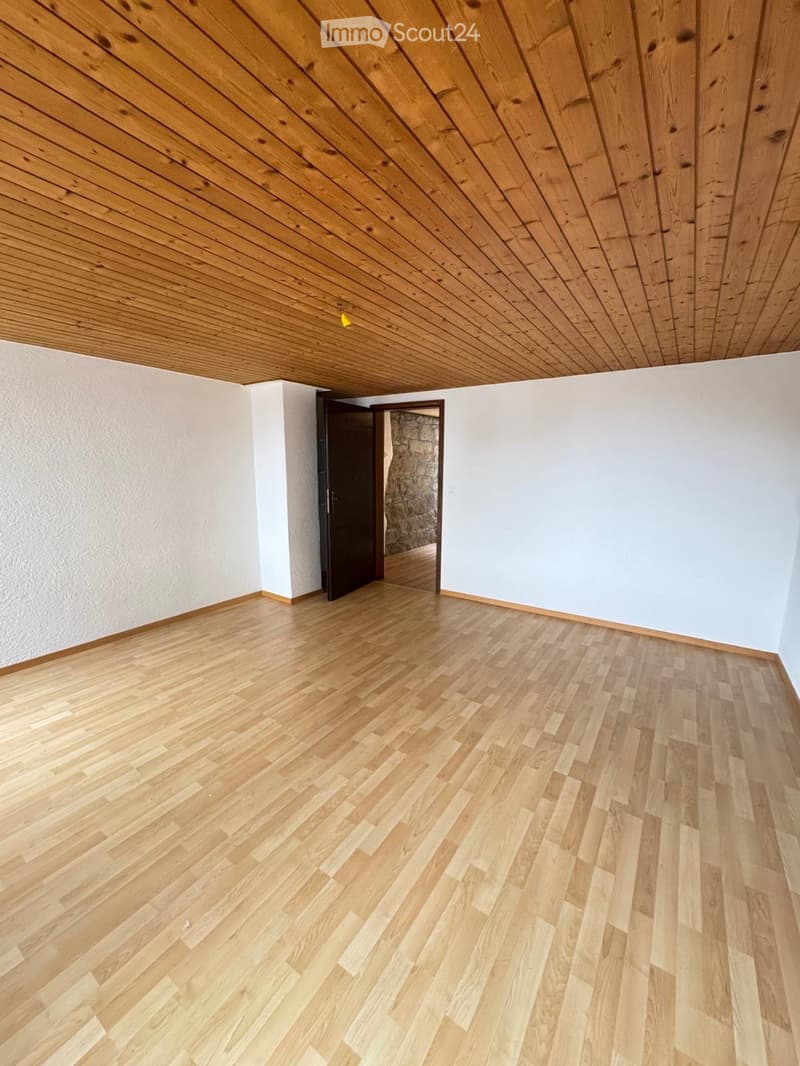 Empty room with wooden flooring and white walls, featuring a wooden slanted ceiling and an open doorway leading to another space.