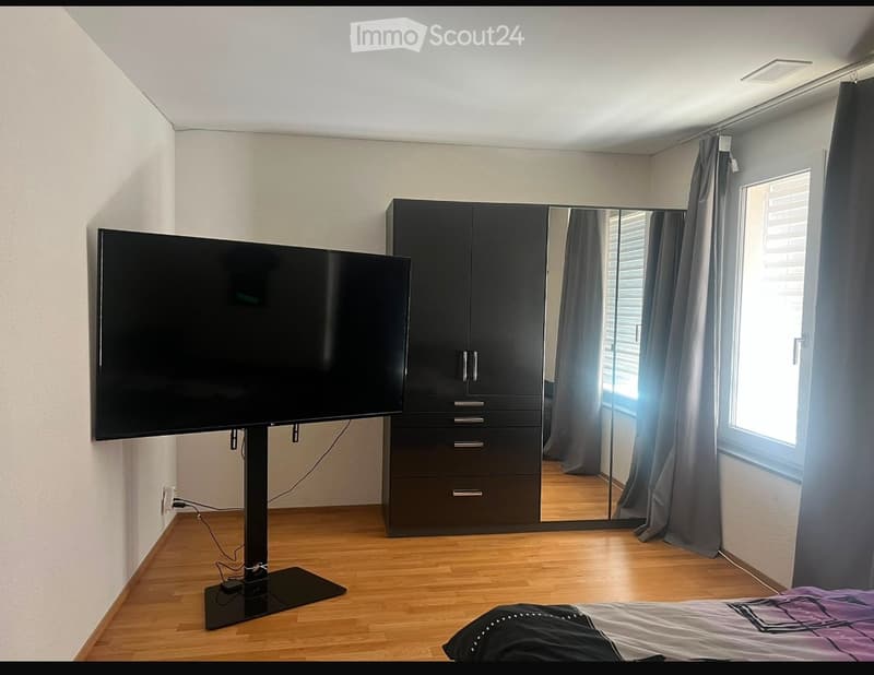 Modern bedroom with wooden flooring, large wardrobe with mirrored doors, flat-screen TV on a stand, and a neatly made bed with a purple and black duvet.