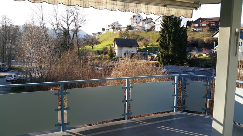 Balcony with a view of a hilly residential area, featuring houses, trees, and a road below.