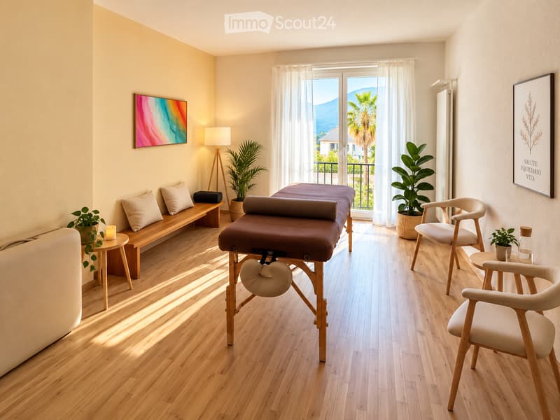 A well-lit room with wooden flooring, a massage table, two chairs, a small bench, a table with a lamp, and several potted plants. Large windows offer a scenic view of the outdoors.