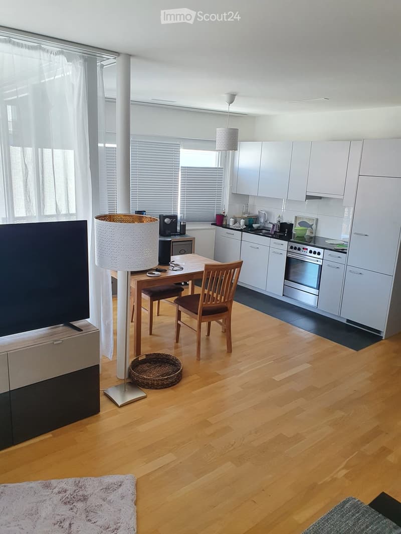 A modern, open-plan living and dining area with a wooden floor, white cabinets, and a sleek kitchen setup. The space includes a dining table with chairs, a floor lamp, a TV screen, and a wicker basket on the floor.