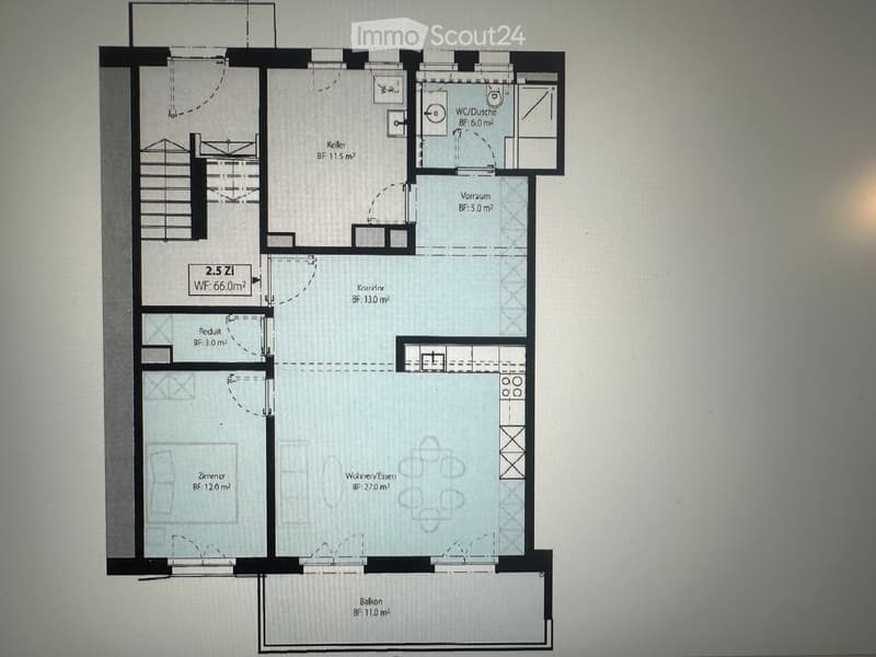 Floor plan showing a 2.5-room apartment with living/dining area, bedroom, hallway, bathroom, and balcony.