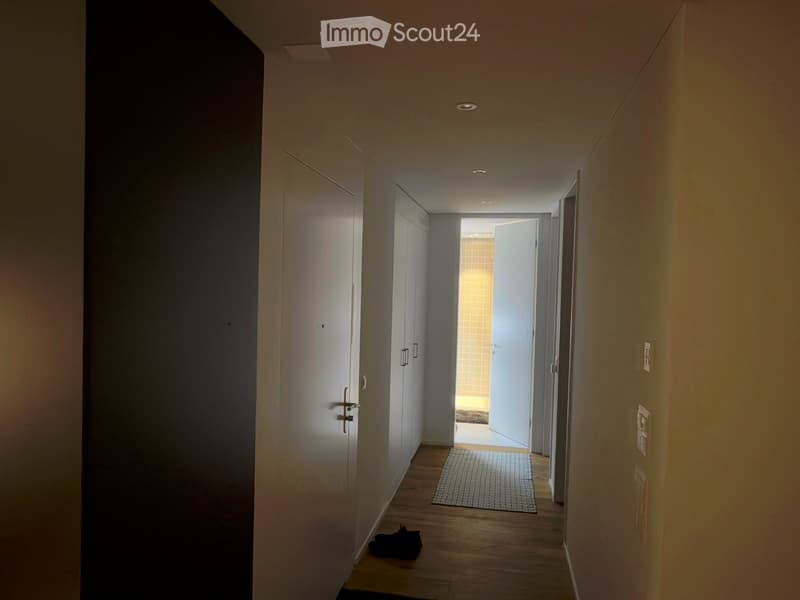 A modern hallway with wooden flooring, white walls, recessed lighting, and a small rug. There are closed doors on both sides and a glimpse of a tiled room at the end.