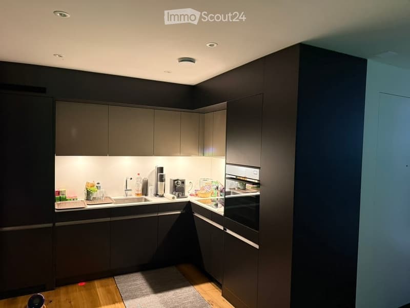 Modern kitchen with dark grey cabinets, a stainless steel sink, coffee maker, and built-in oven. The space features recessed lighting and a wooden floor.