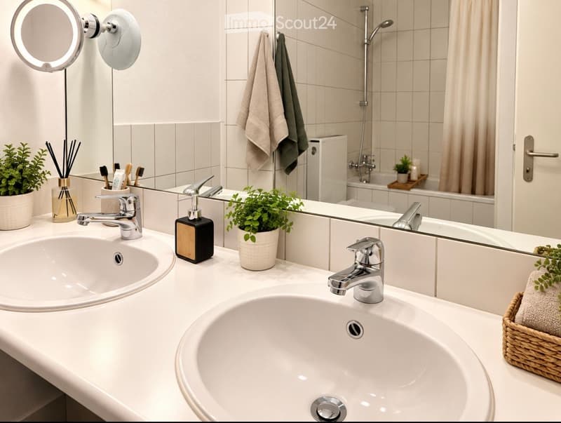 Modern bathroom with double sinks, sleek chrome faucets, a large mirror, and decorative plants on the counter. Towels are neatly hung on a rack, and a shower area is visible in the background.