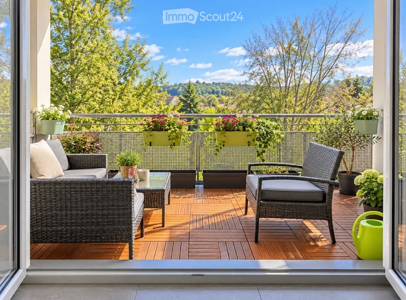 Balcony with wooden decking, wicker furniture, glass coffee table, and potted plants.