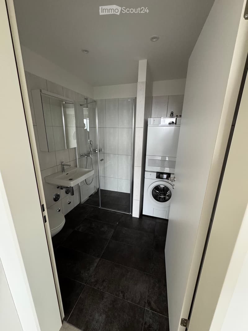 Modern bathroom with dark tiled floor, white sink, mirror, toilet, glass-enclosed shower, and stacked washer/dryer unit.