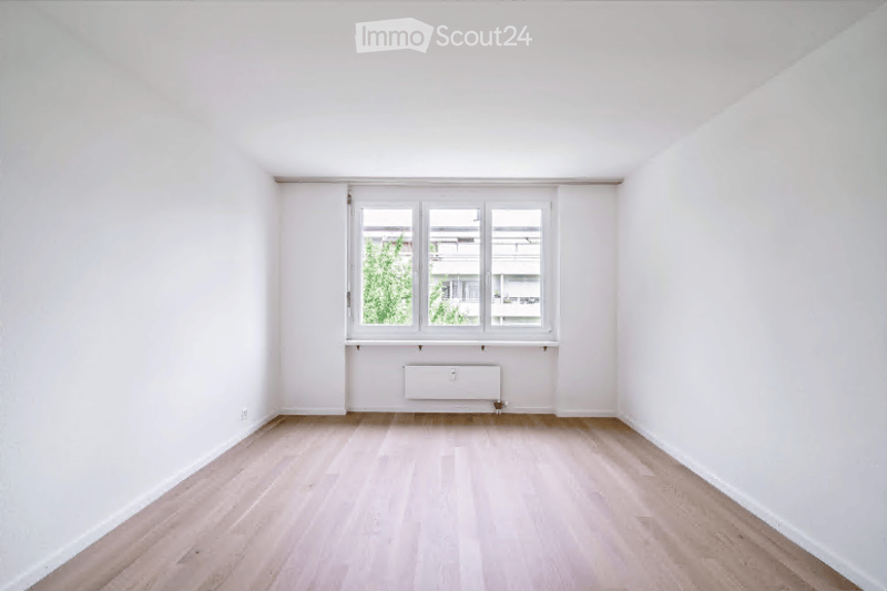 Completely empty room with white walls, light wooden flooring, and a large window with white frame and multiple panes.
