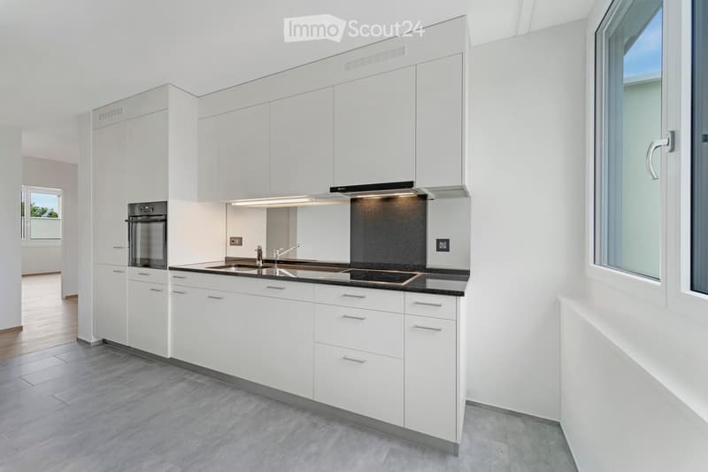 Modern kitchen with white cabinets, stainless steel sink, oven, and range hood. Features large windows and sleek design.