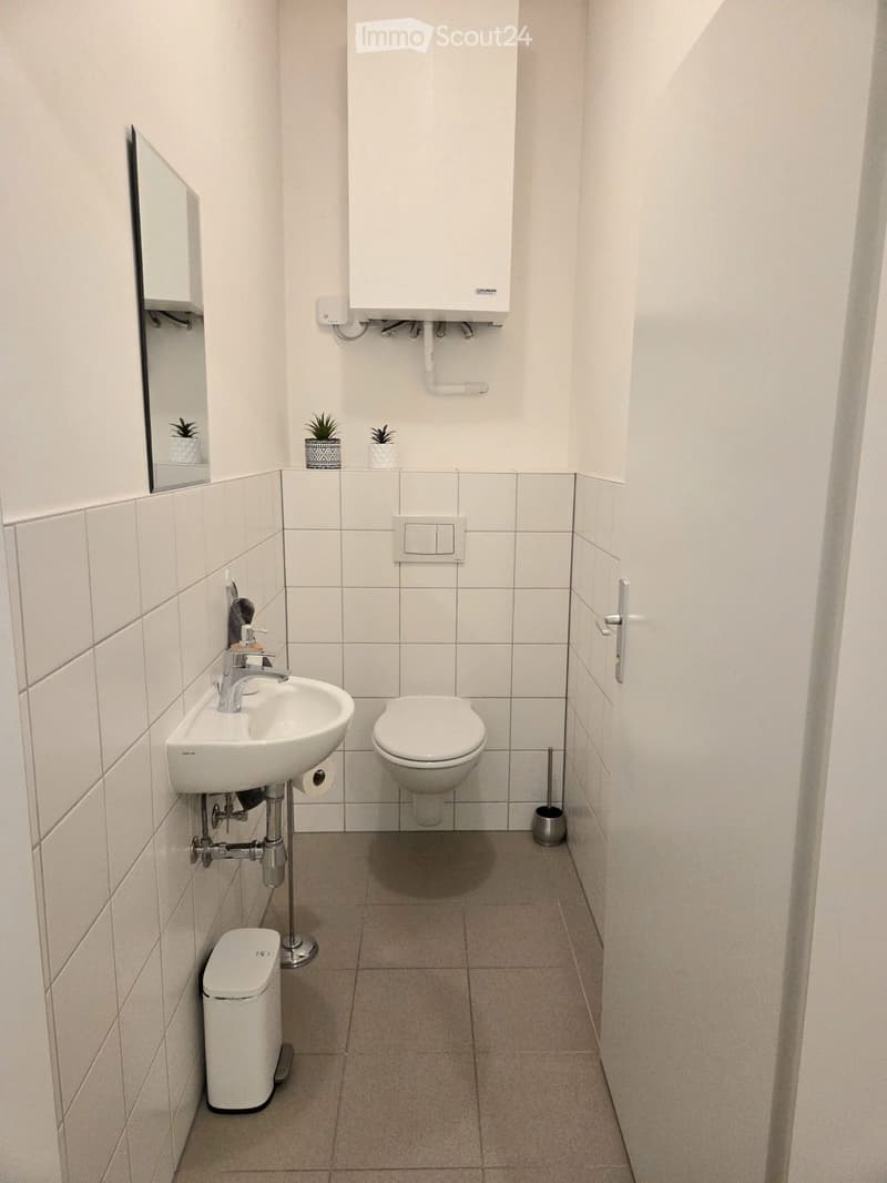 Modern bathroom with white tiles, a sink, toilet, mirror, and small decorative plants on the windowsill.
