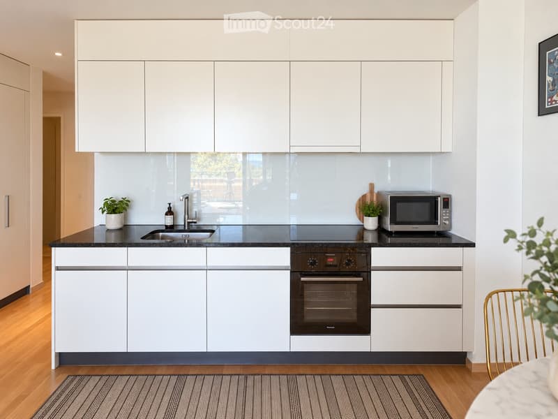 Modern kitchen with white cabinets, black countertops, stainless steel appliances, and a sleek design.