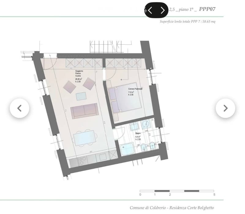 Floor plan of a 2.5-story residential unit with living room, kitchen, bedroom, and bathroom.