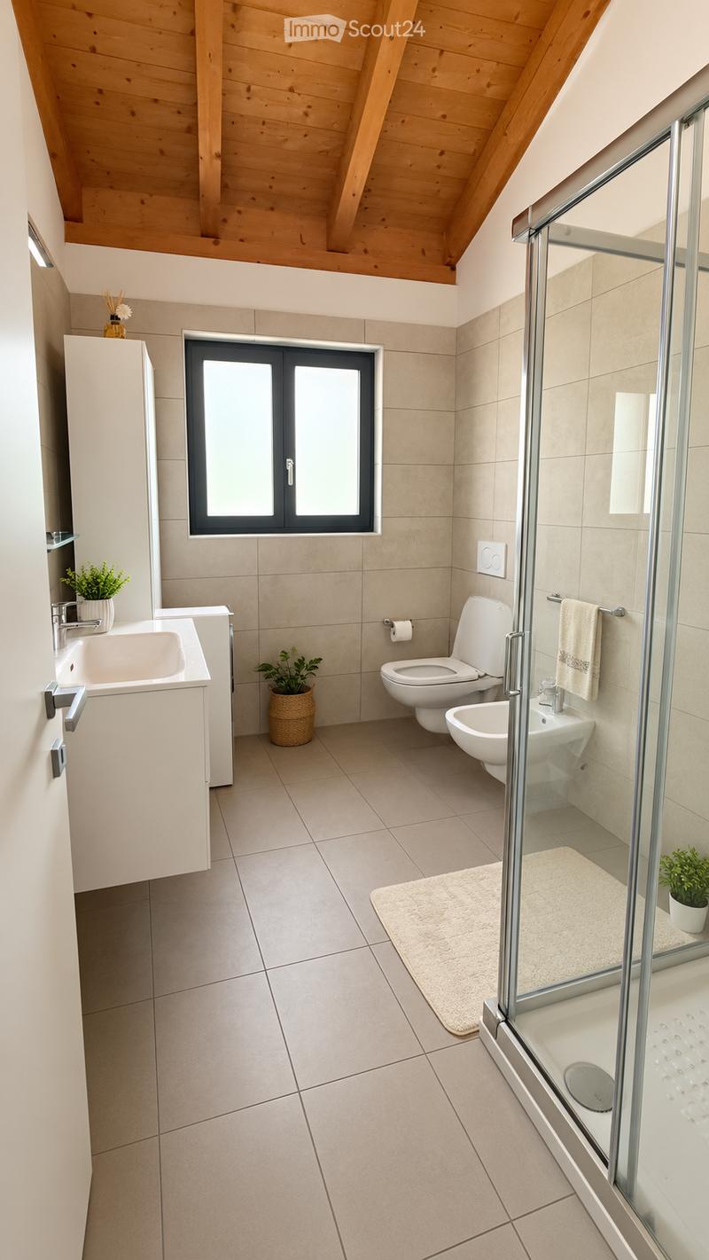 Modern bathroom with beige tiles, a white sink, toilet, bidet, and a glass-enclosed shower. Features a wooden slanted ceiling and a window with black frame.