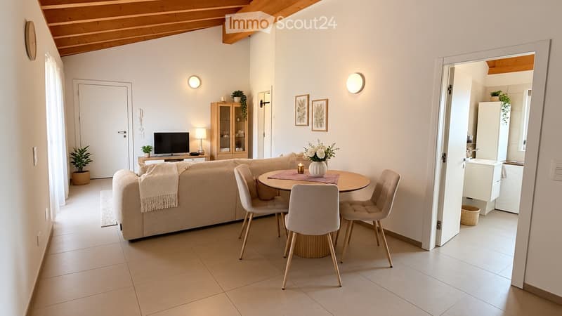 Bright living room with a beige sofa, coffee table, dining table with chairs, TV, cabinet, and decorative plants.