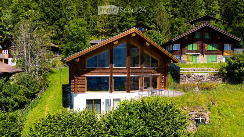 log house, white walls, large windows, surrounded by nature, wooden porch