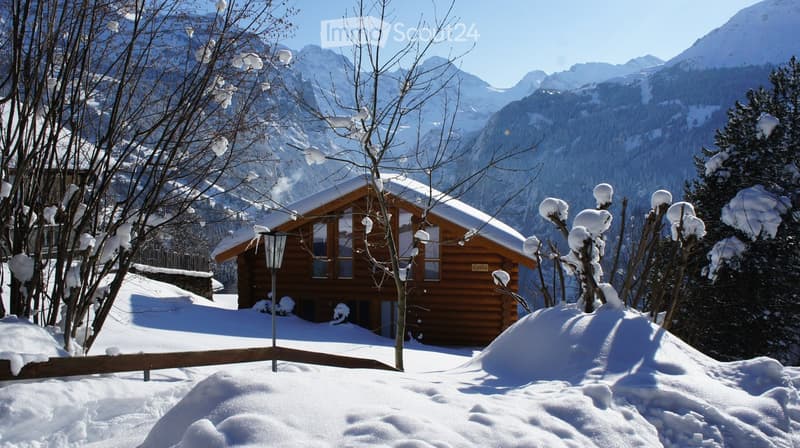 wooden chalet, snowy surroundings, raised ground floor, snow on the roof