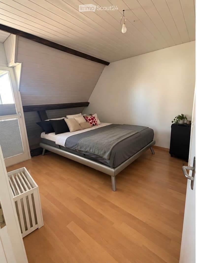 Modern attic bedroom with wooden flooring, slanted ceiling, large window, bed with pillows and blankets, nightstand with plant, and radiator.