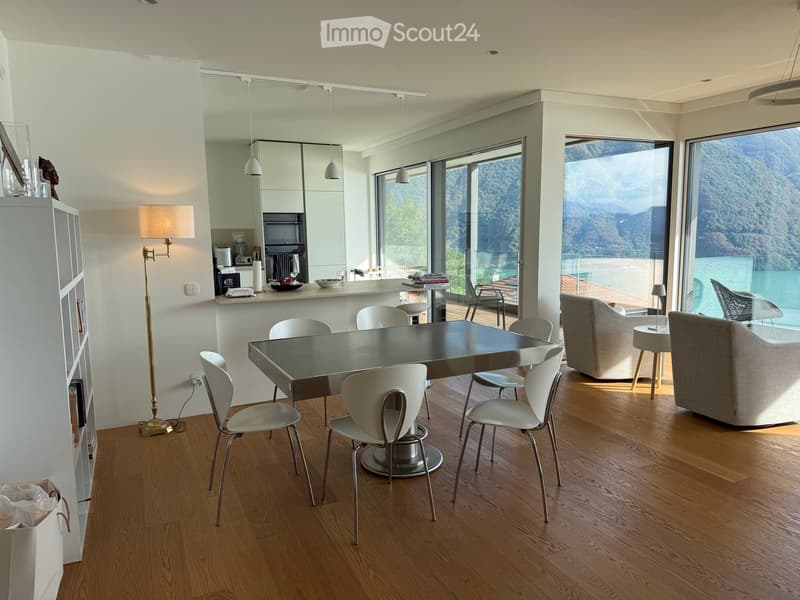 Open-plan living and dining area with modern furniture, large windows overlooking a scenic lake, and a kitchen area with cabinets and appliances.