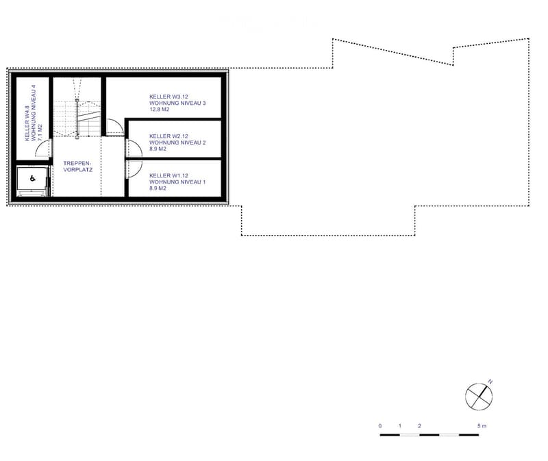 Floor plan showing three levels of a basement with labeled areas: Keller W1.12 (8.9 m²), Keller W2.12 (8.9 m²), Keller W3.12 (12.8 m²), and Keller W4.8 (7.1 m²). Includes a staircase area and a wheelchair-accessible entrance.