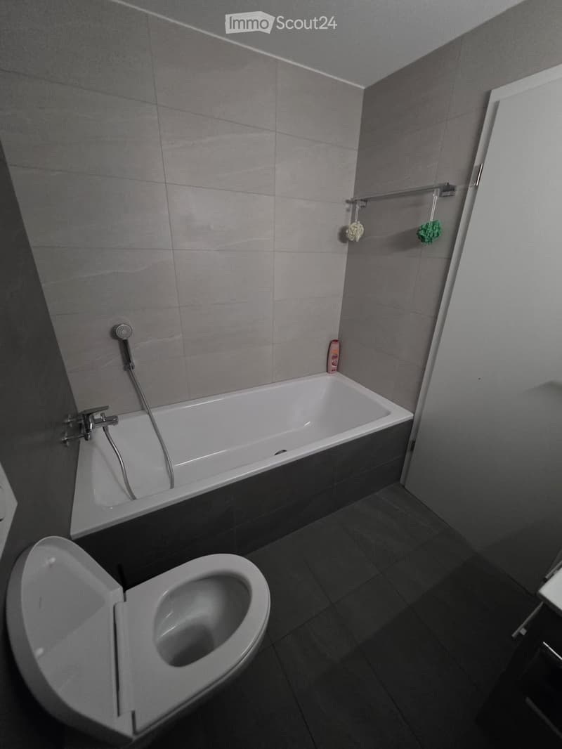 Modern bathroom with a bathtub, toilet, and showerhead, featuring grey tiled walls and dark tiled flooring.