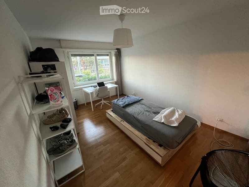 A small, well-lit bedroom with a wooden floor, a single bed with a grey duvet and white pillow, a white desk with a chair, a laptop, and a shelf with shoes and other items.