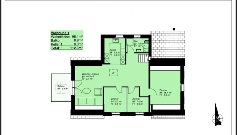 Floor plan of a 95.1 m² apartment with a kitchen, living-dining area, three bedrooms, and a bathroom. Includes two balconies and a basement.