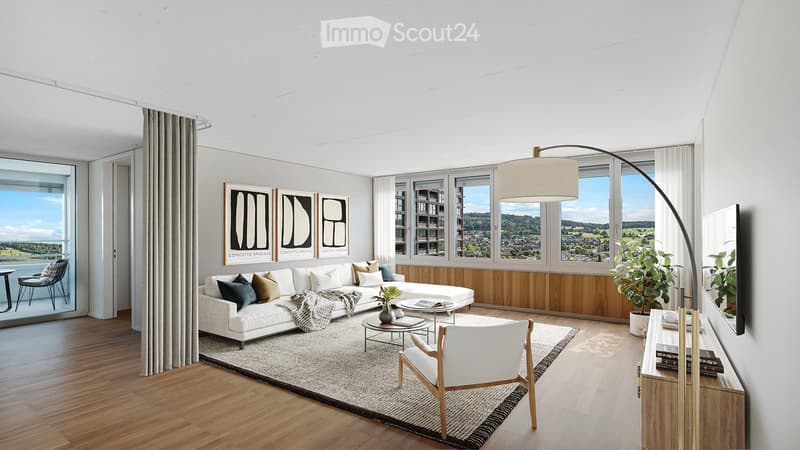 Modern living room with large windows offering a scenic view, white sectional sofa, coffee table, armchairs, floor lamp, and decorative plants.