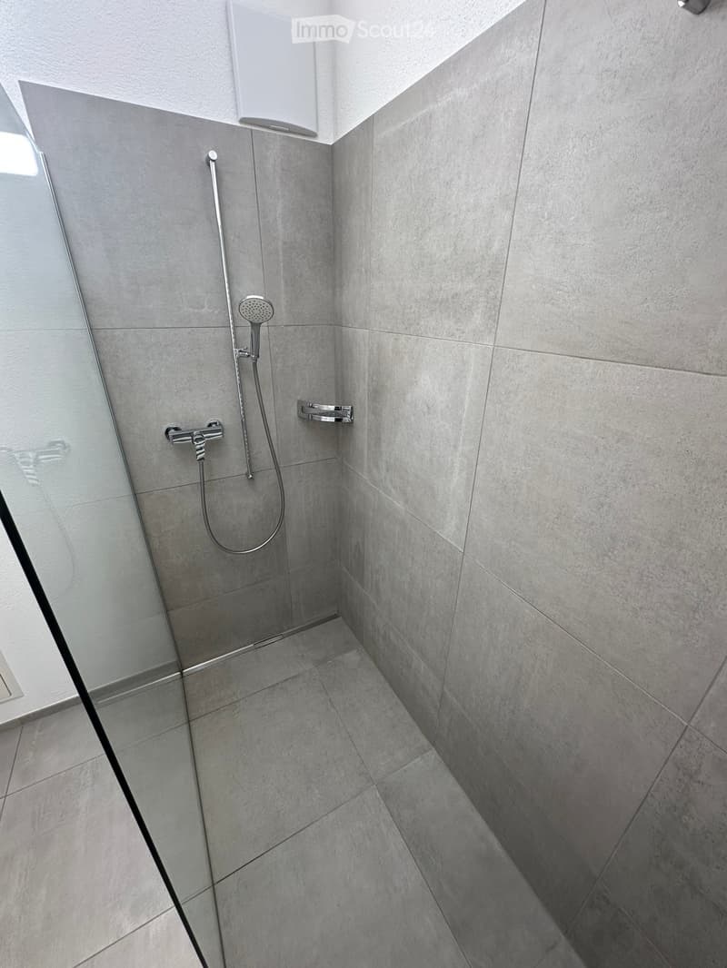 Modern shower area with grey tiled walls and floor, featuring a handheld showerhead, a fixed shower rail, and a control faucet.