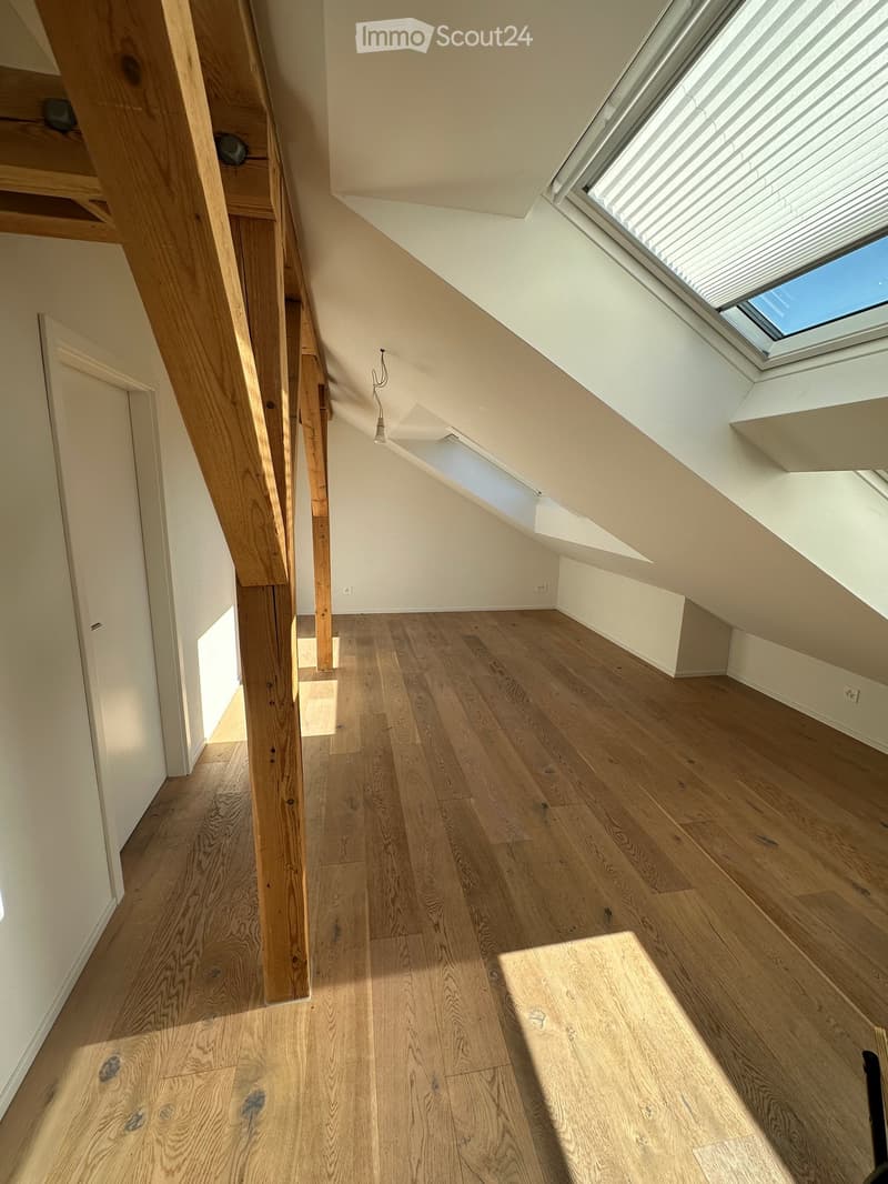 Empty attic space with wooden flooring, white walls, and a skylight window allowing natural light to enter.