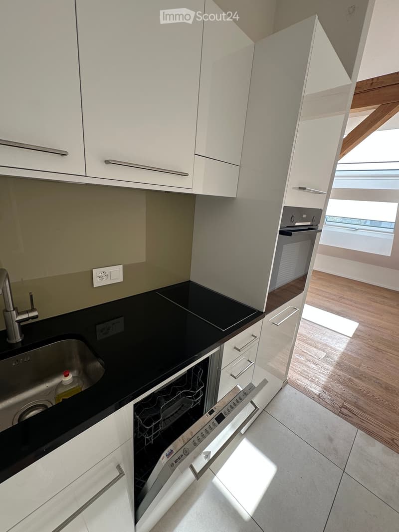Modern kitchen with white cabinets, black countertop, stainless steel sink, and Bosch dishwasher. Features wooden flooring and large windows.