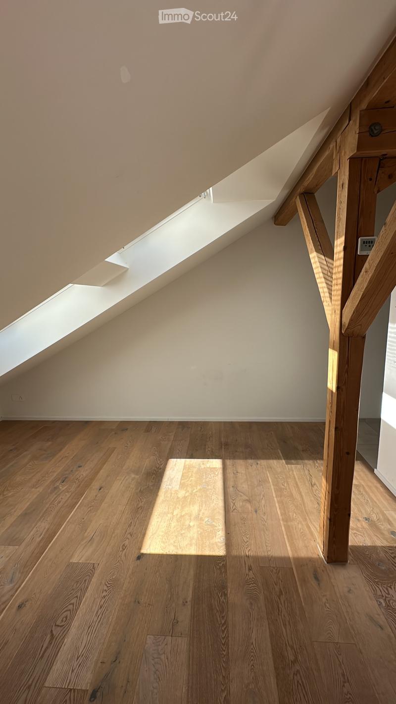 Empty attic space with wooden flooring, slanted ceilings, and a skylight window allowing natural light to enter.