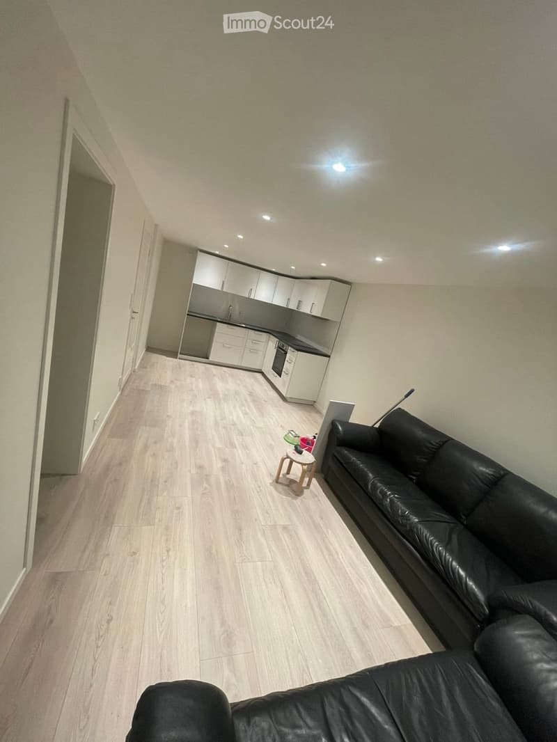 Modern living room with light wood flooring, white kitchen cabinets, and a black leather sofa. A small wooden stool and laptop are placed near the sofa.