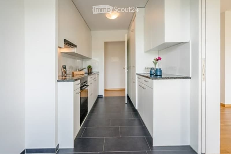 Modern kitchen with white cabinets, dark tiled floor, granite countertop, and small decorative items.