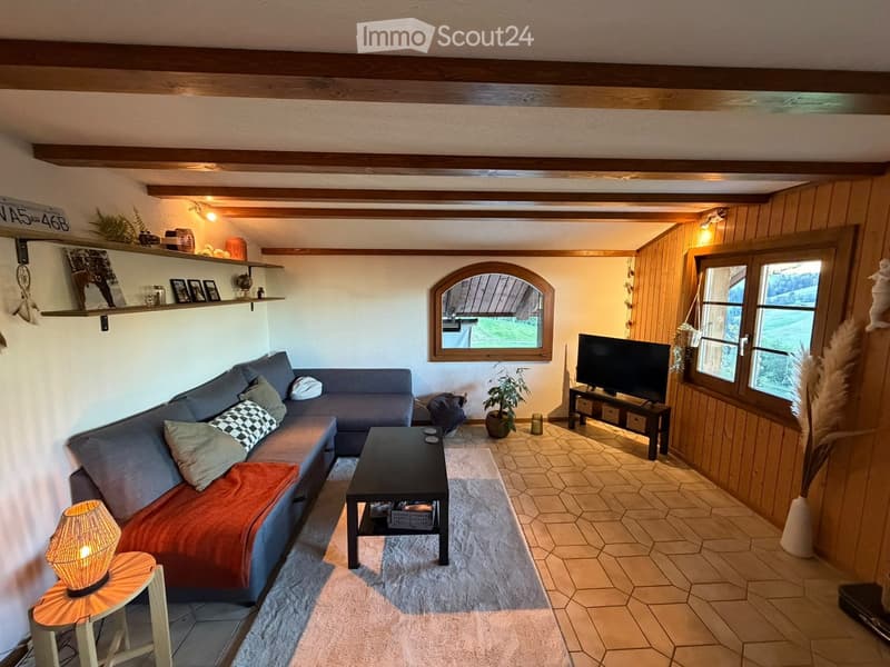 Cozy living room with exposed wooden beams, a grey sectional sofa with throw pillows, a black coffee table, a small TV stand, and a warm table lamp on a side table.