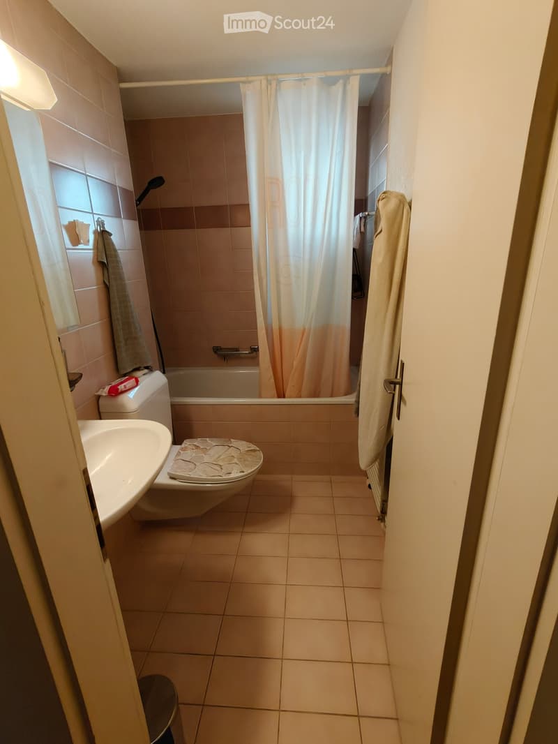 Bathroom with beige tiles, a bathtub with a shower curtain, a toilet with a stone-patterned seat cover, a sink, a mirror, and a towel hanging on the door.