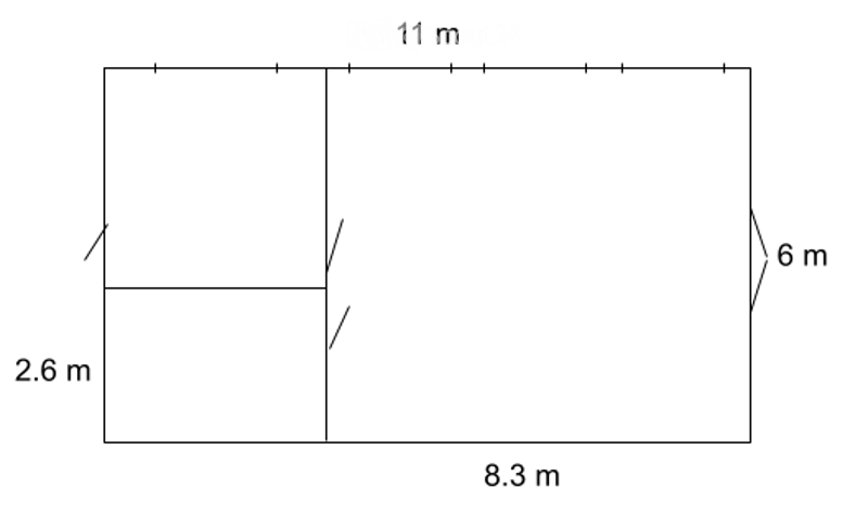 Floor plan of a rectangular room measuring 11 m by 8.3 m, with a smaller rectangular section of 6 m by 2.6 m attached to one side.