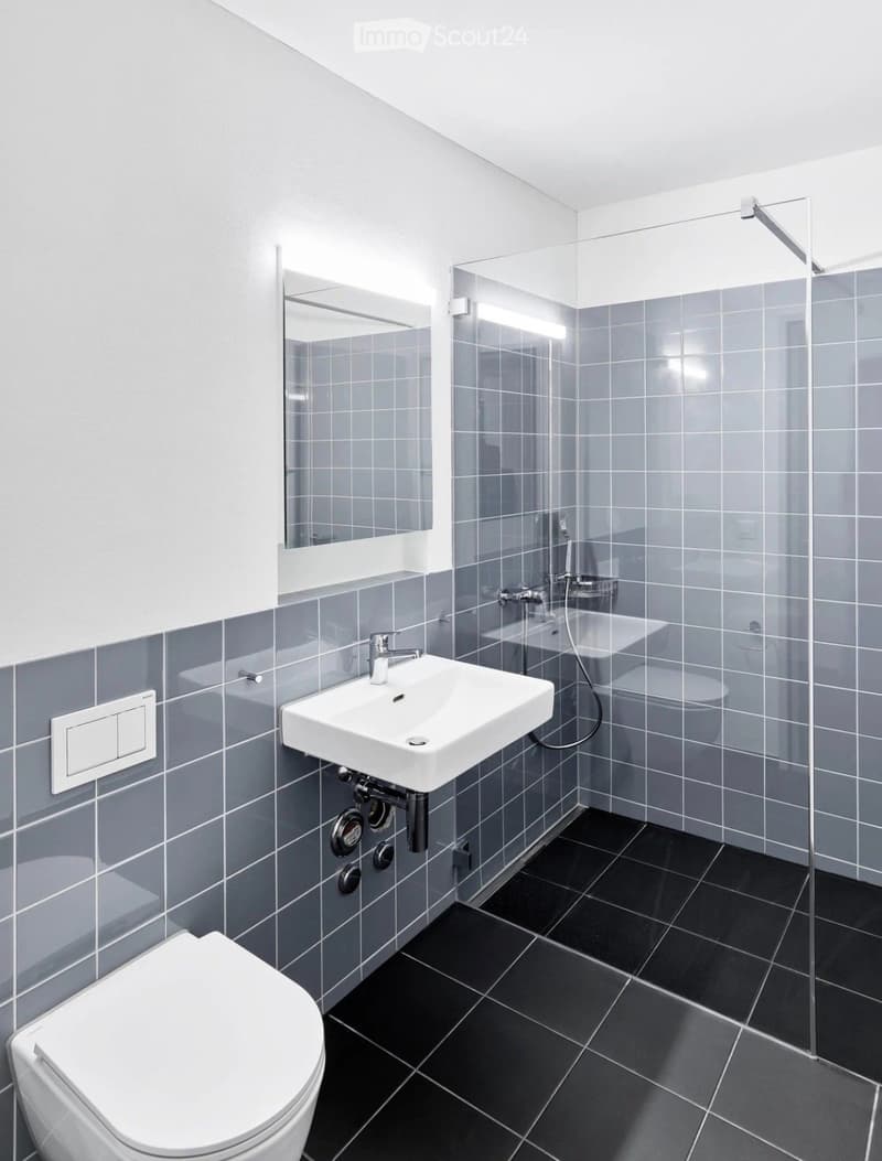 Modern bathroom with grey tiled walls, black tiled floor, white sink, toilet, and a glass-enclosed shower area.