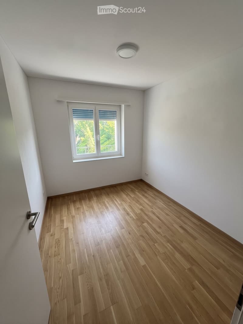 Empty room with light wooden flooring, white walls, and a single window with blinds. The room has a modern ceiling light fixture and a door handle visible on the left side.