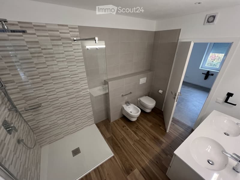 Modern bathroom with a glass-enclosed shower, double sink, toilet, bidet, and wooden flooring.