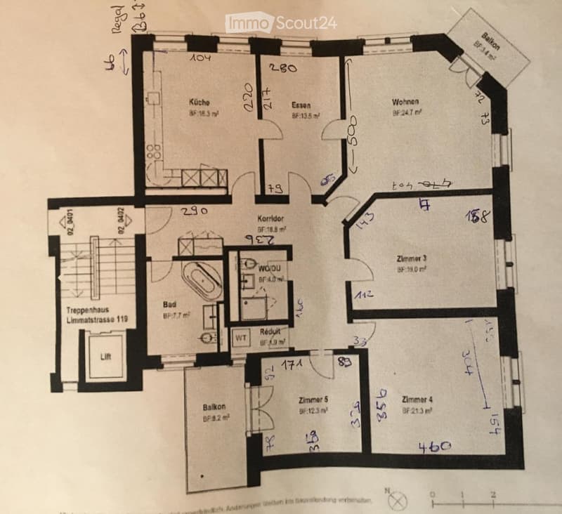 Floor plan showing a 5-room apartment with a kitchen, living room, dining area, three bedrooms, bathroom, and balcony.