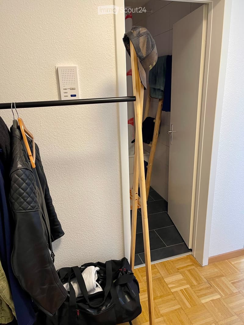 Hallway with wooden floor, coat rack, open closet, and various clothing items and bags.