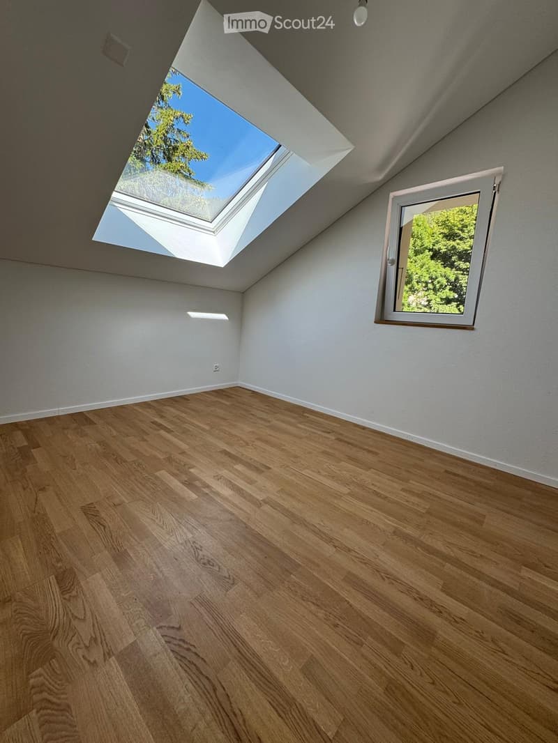 Empty attic or loft space with wooden flooring, white walls, skylight window, and a side window showing greenery outside.